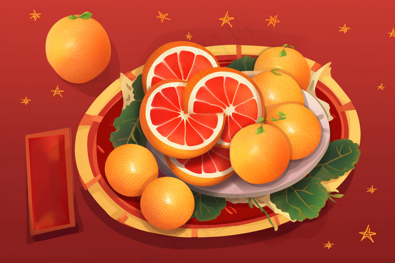 新年水果装盘红色插画背景(4032x2688)
