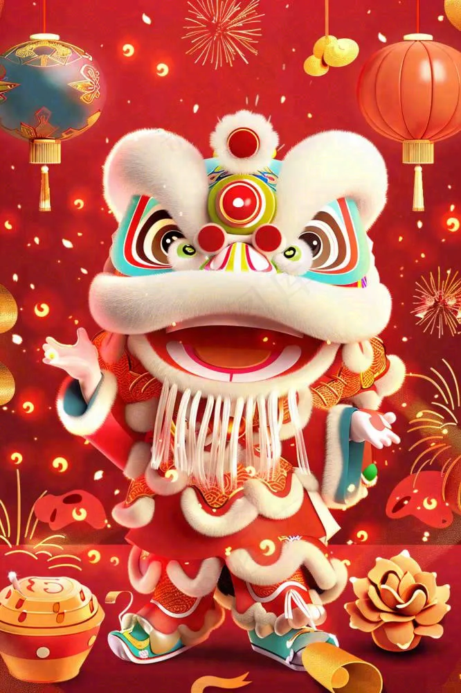 新年舞狮舞龙喜庆节日红色插画背景(896x1344)