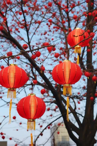 新年树梢挂着红灯笼喜庆摄影图
