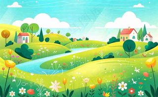 春天插画立春节气郊游遇见春天你好春天花草春风旅游草地风景扁平画背景