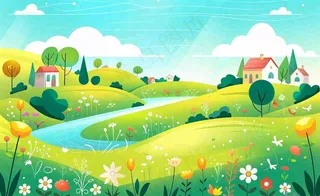 春天插画立春节气郊游遇见春天你好春天花草春风旅游草地风景扁平画背景