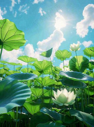 夏日荷花荷叶池塘绿叶下蓝天白云立夏大暑小暑摄影图