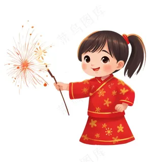 新年放烟花庆祝春节儿童开心过大年卡通插画免抠