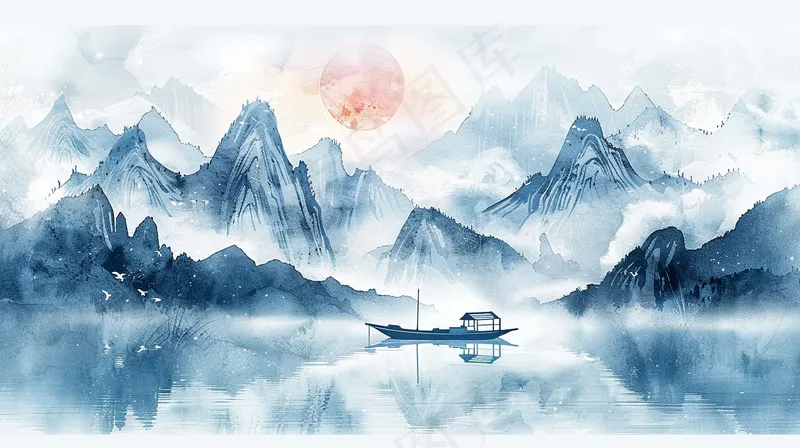 水墨山水画小船河面山川连绵国画插画背景(4368x2448)