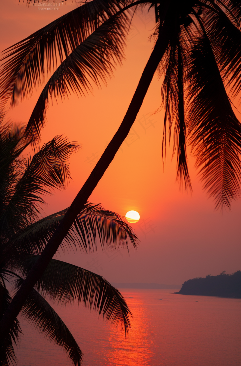 夏日沙滩椰树海边落日余晖晚霞摄影图(2688x4080)