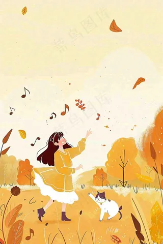 秋游展板梦幻秋景女孩秋游野餐欢乐音乐起舞动物动员立秋秋分卡通插画背景