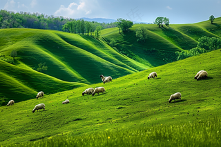 春天草甸草地山坡摄影图