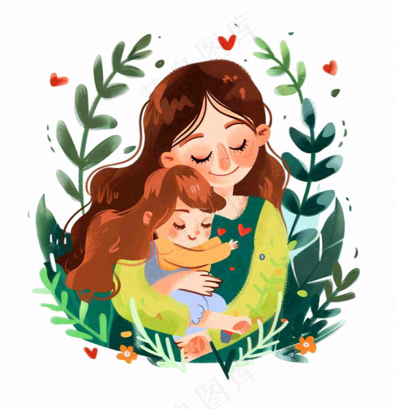 妈妈抱着孩子母亲花草环抱亲情卡通插画免抠