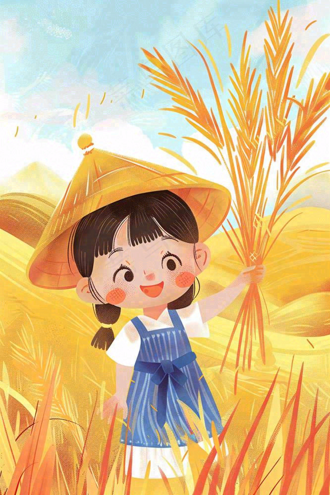 秋收麦田里抱着麦穗的女孩农民芒种立秋秋分卡通插画背景(896x1344)