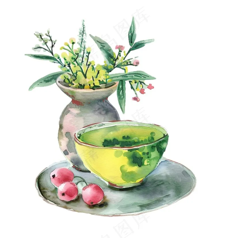 水墨静物清明元素瓷器植物水果插画免抠(1024x1056)