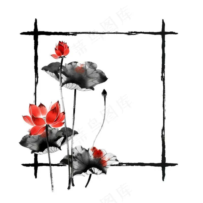 荷花莲花水墨画边框中国风插画免抠(1024x1024)