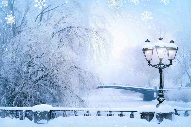 冬天白雪皑皑雪景河流街道路灯桥小雪大雪冬至雪花背景