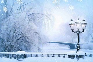 冬天白雪皑皑雪景河流街道路灯桥小雪大雪冬至雪花背景