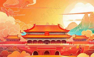 祖国繁荣昌盛插画红色喜庆庆祝山河国庆建军建党国潮风插画背景