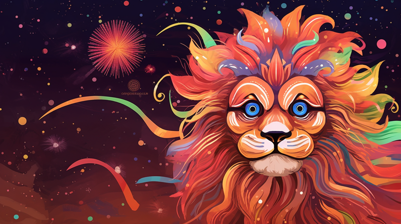 狮子动物红色卡通插画新年喜庆背景(4368x2448)