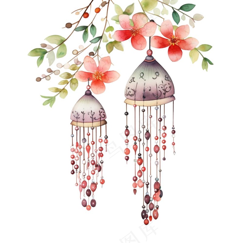 风铃植物鲜花卡通水彩插画免抠(1024x1024)