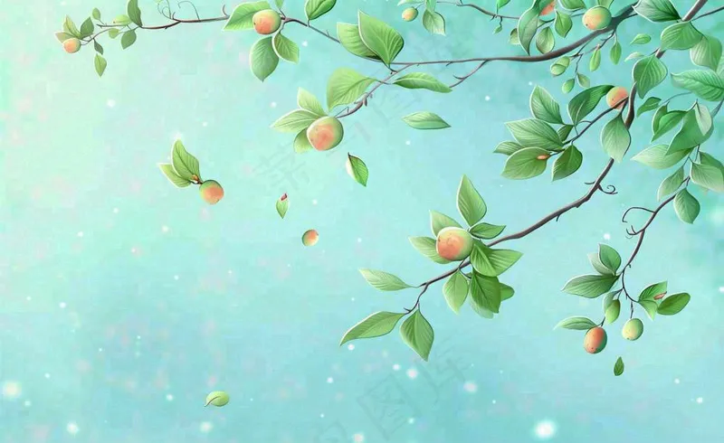 春夏绿色树枝绿叶清新绿意立夏插画背景(1408x864)