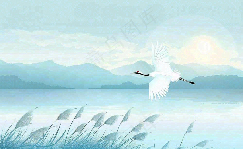 白鹭齐飞天水一色山水画芦苇荡清冷白露寒露插画背景(1408x864)