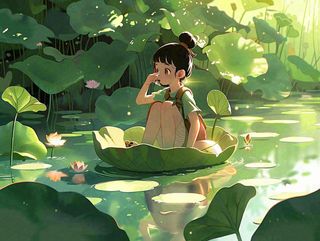 夏日清凉唯美荷花荷叶飘在水面孩童坐在荷叶上吃莲藕小暑立夏夏至大暑卡通插画处暑清凉背景