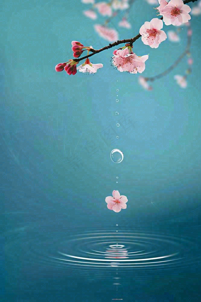 春天梅雨时节雨滴飘落在梅花滴落在水面上泛起涟漪雨水谷雨寒露摄影图(896x1344)