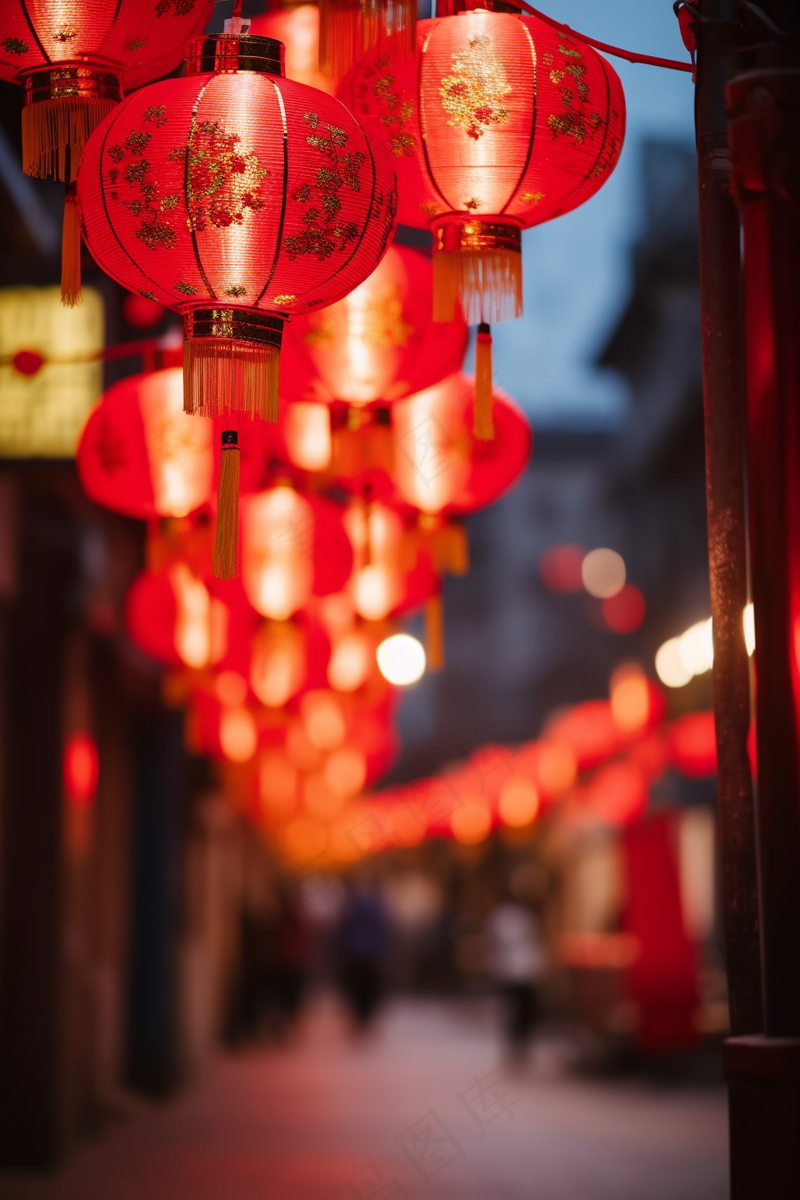 新年街道挂满红灯笼喜庆装饰摄影图(2688x4032)