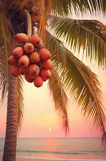 海边沙滩夕阳晚霞日出椰树摄影图