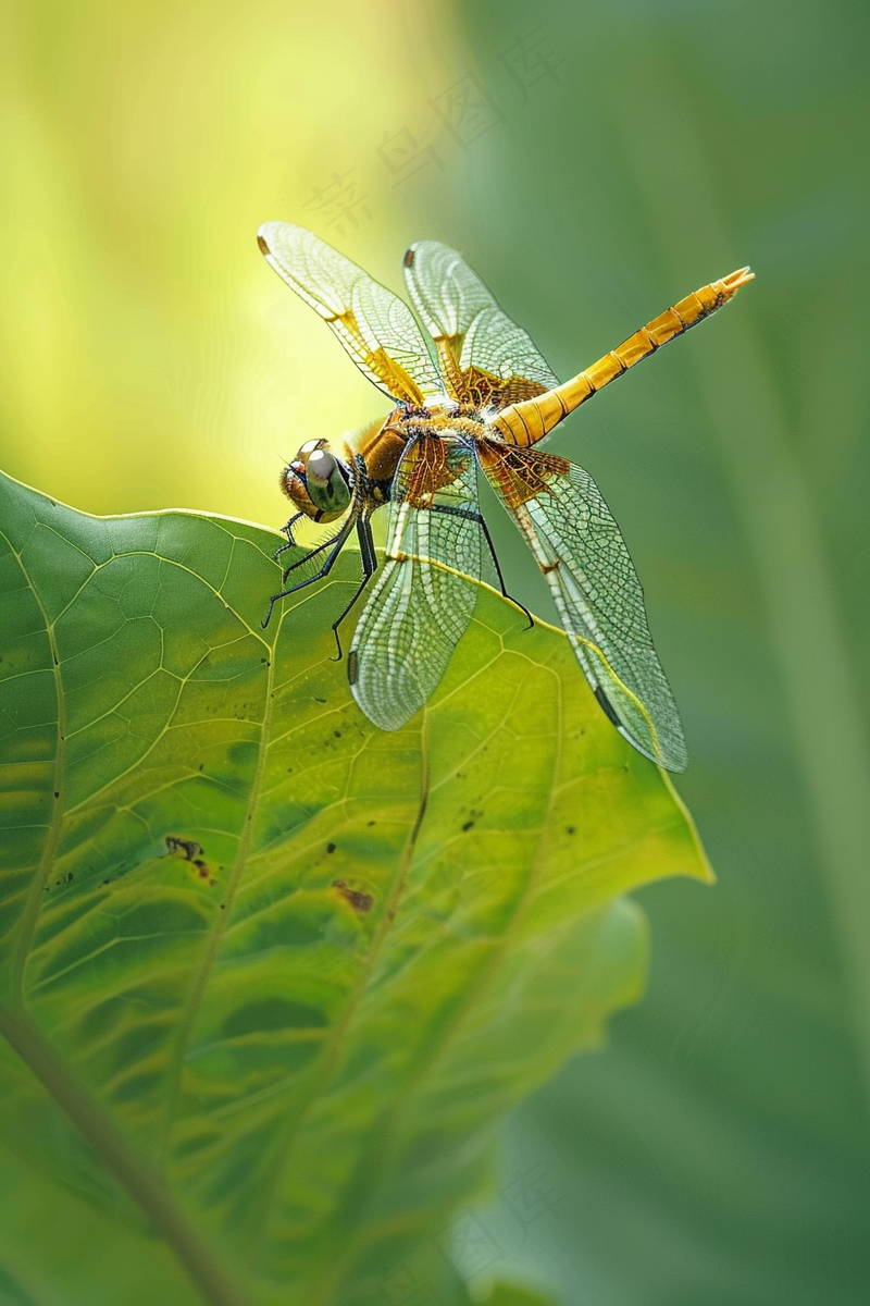 蜻蜓绿叶上停留的竹蜻蜓昆虫春天摄影图