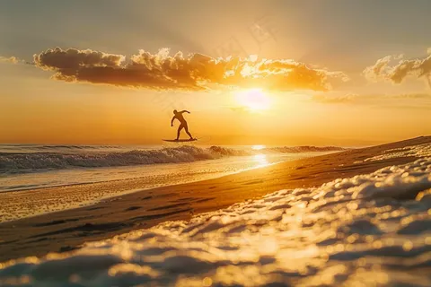 落日海洋沙滩夕阳晚霞摄影图 