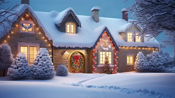 冬日白雪覆盖下的圣诞房屋摄影图  冬日白雪覆盖下的圣诞房屋摄影图