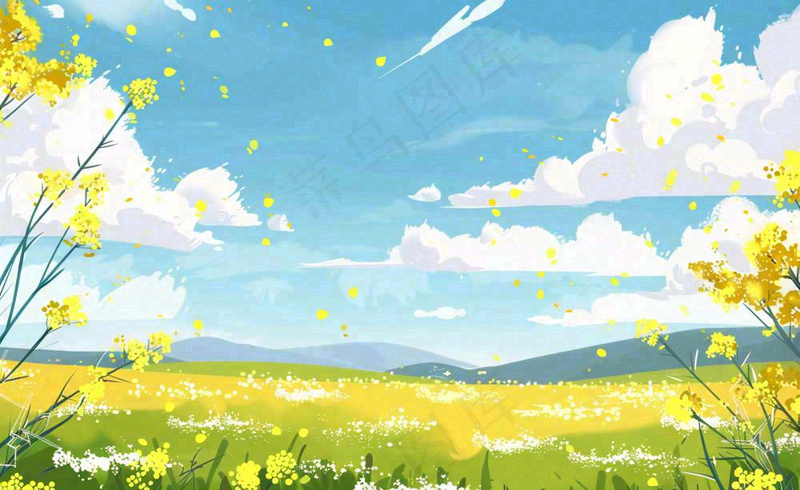 春天油菜花田蓝天白云惊蛰春分卡通插画背景