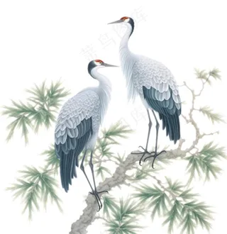 一对仙鹤站在松树上古风插画免抠