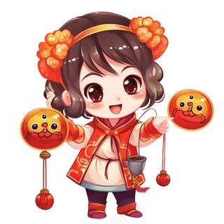 新年儿童拜年张灯结彩国潮春节红色手绘卡通插画免抠