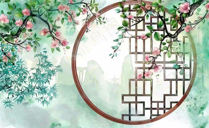 古风工笔画插画海棠樱花花鸟植物立春春天山水风景水彩背景(1408x864)