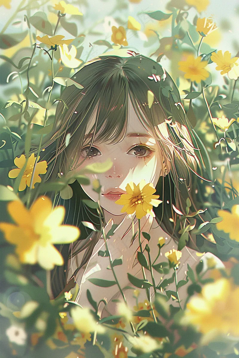 躲在黄色小花丛中的少女插画背景(2688x4032)