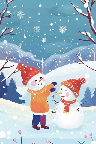 冬天大雪纷飞堆雪人寒冷立冬小雪冬至卡通插画背景