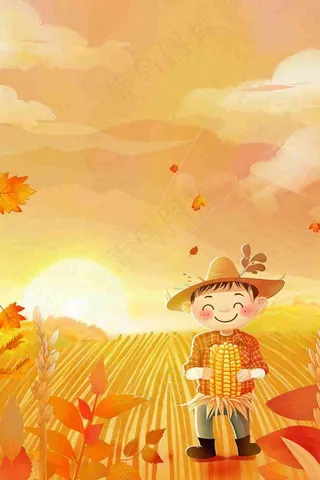 秋天金黄的农田小麦稻谷稻草人落日秋收立秋处暑秋分卡通插画背景