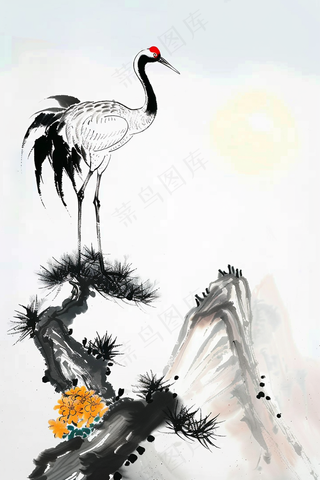水墨国画丹顶鹤屹立岩石松树插画背景