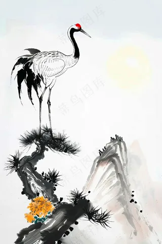 水墨国画丹顶鹤屹立岩石松树插画背景