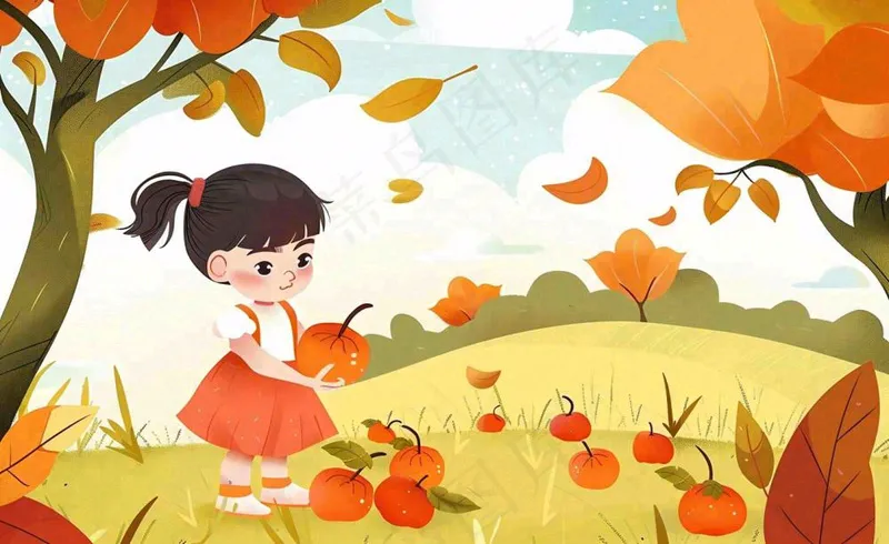秋天摘水果的女孩果树落叶秋分立秋卡通插画背景(1408x864)