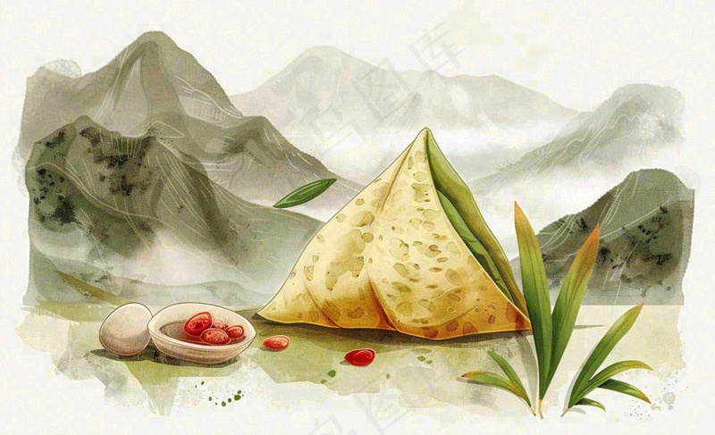 端午佳节粽子绿色青山国风插画水彩绘画背景(1392x848)
