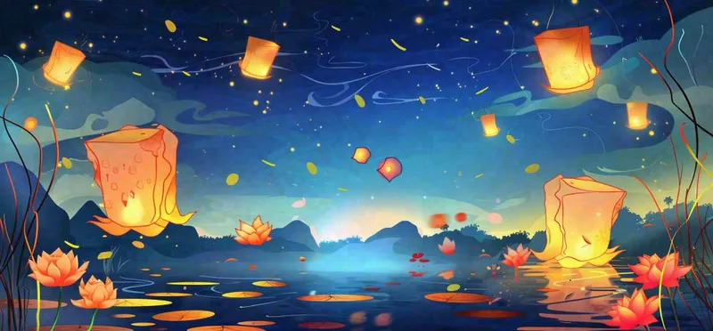 湖面花灯孔明灯风景夜晚荷花灯许愿灯放天灯中国风古风中元节寒衣节插画背景(1568x730)