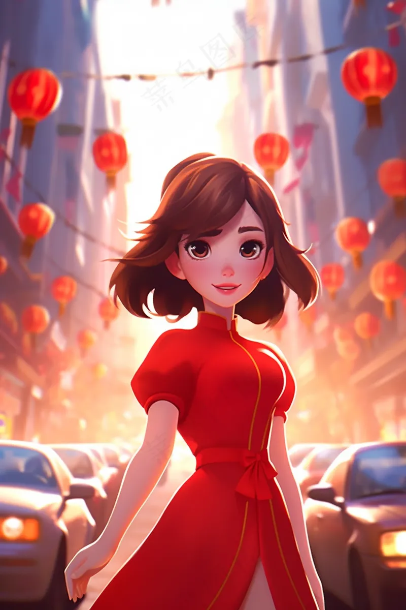 新年春节红色中式旗袍的女孩张灯结彩喜庆卡通插画插图背景(2688x4032)