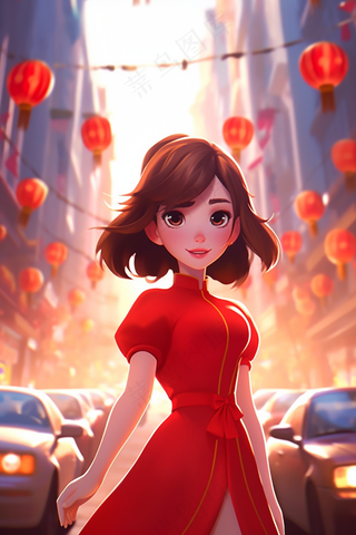 新年春节红色中式旗袍的女孩张灯结彩喜庆卡通插画插图背景
