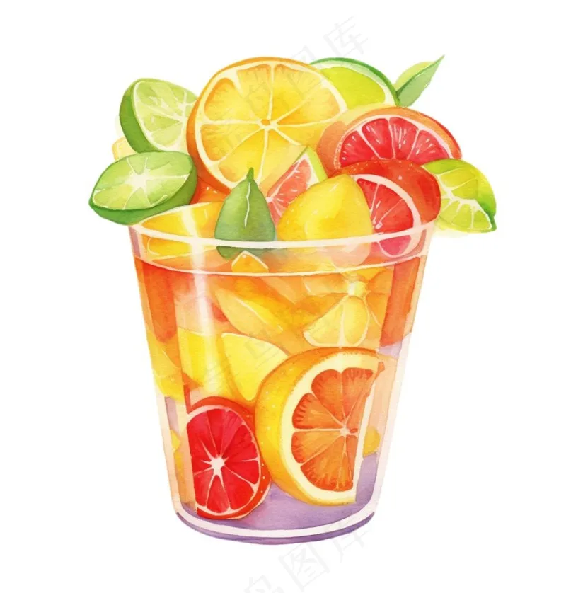 水果茶饮料草莓菠萝橙子柠檬水彩画手绘卡通插画免抠(1024x1072)