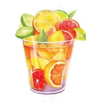 水果茶饮料草莓菠萝橙子柠檬水彩画手绘卡通插画免抠