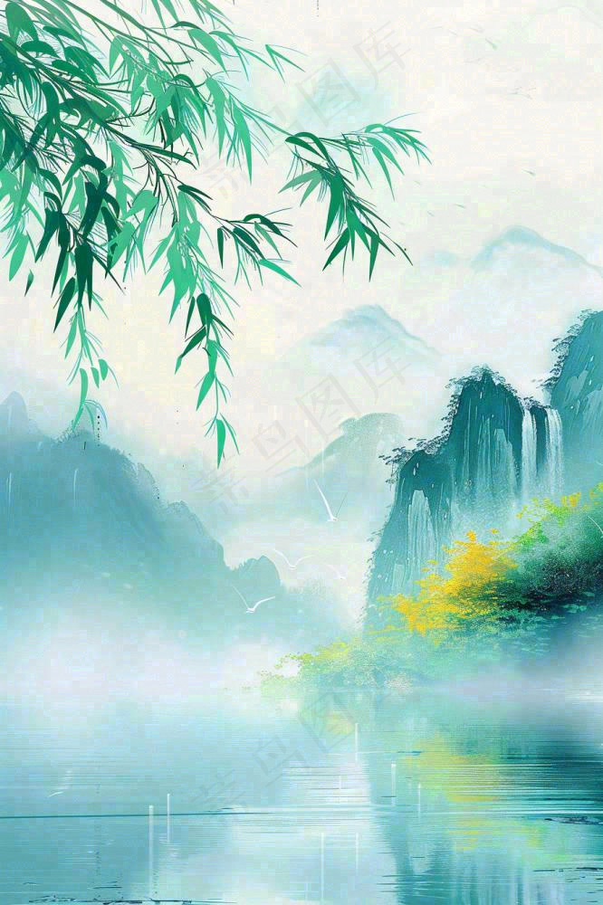 春天雨水水墨山水柳树柳枝燕子黄花盛开清明端午插画背景(896x1344)