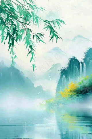春天雨水水墨山水柳树柳枝燕子黄花盛开清明端午插画背景