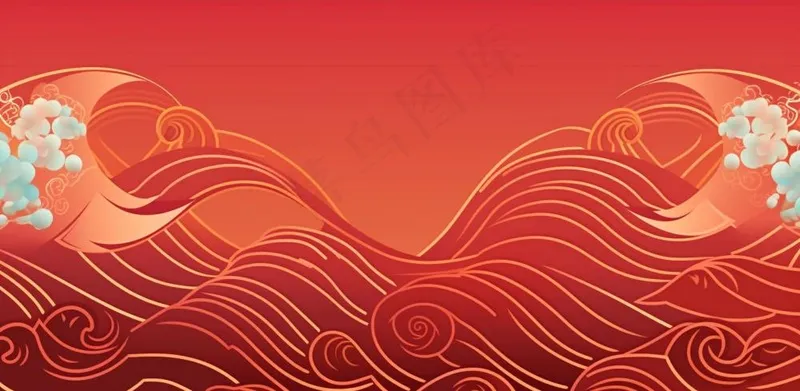 大红色复古简约古风海浪纹边角框金复古底纹背景(1568x768)