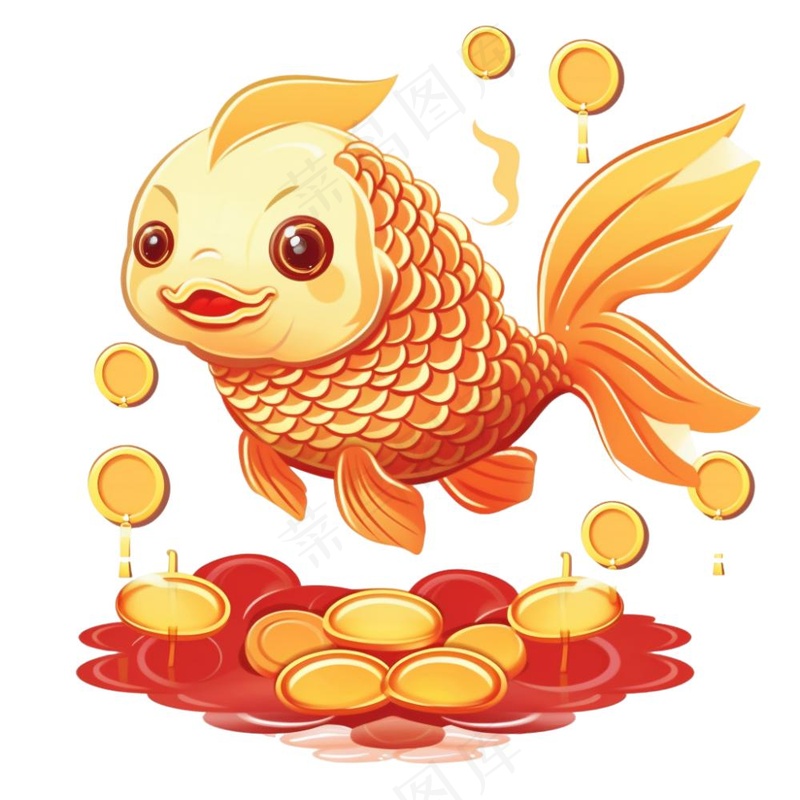 金鱼吐金币新年财富喜庆招财进宝卡通插画免抠