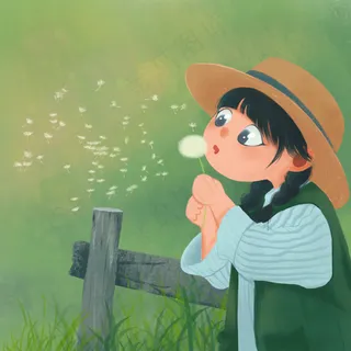 吹蒲公英的小女孩儿童插画